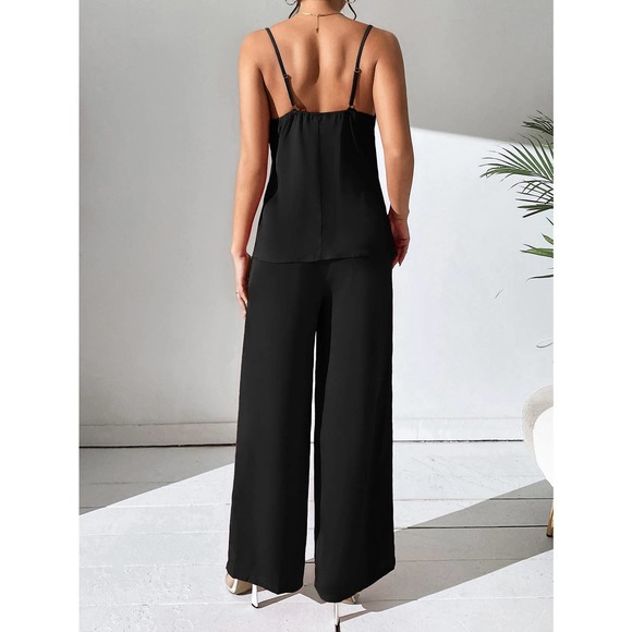 2 piece set: Draped Collar Cami Top Wide Leg Pants maroon red - Picture 4 of 11